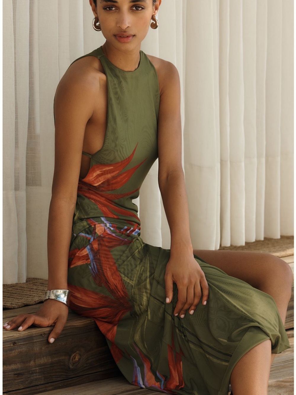 New FARM Rio Strelitzia Green Tropical Midi Dress
